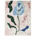 The Fading Petal Motion Hand Tufted Rug features an abstract floral design with soft pastel colors, perfect as an area rug for living rooms. This contemporary wool rug combines green, blue, and pink hues to create a calming aesthetic, ideal for enhancing the decor of any space. A beautiful choice among living room area rugs.