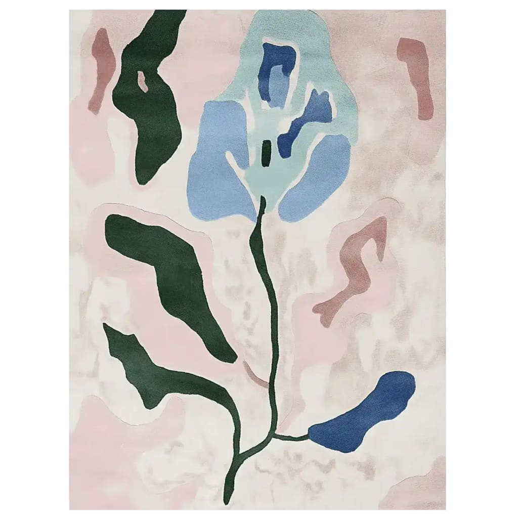 The Fading Petal Motion Hand Tufted Rug features an abstract floral design with soft pastel colors, perfect as an area rug for living rooms. This contemporary wool rug combines green, blue, and pink hues to create a calming aesthetic, ideal for enhancing the decor of any space. A beautiful choice among living room area rugs.