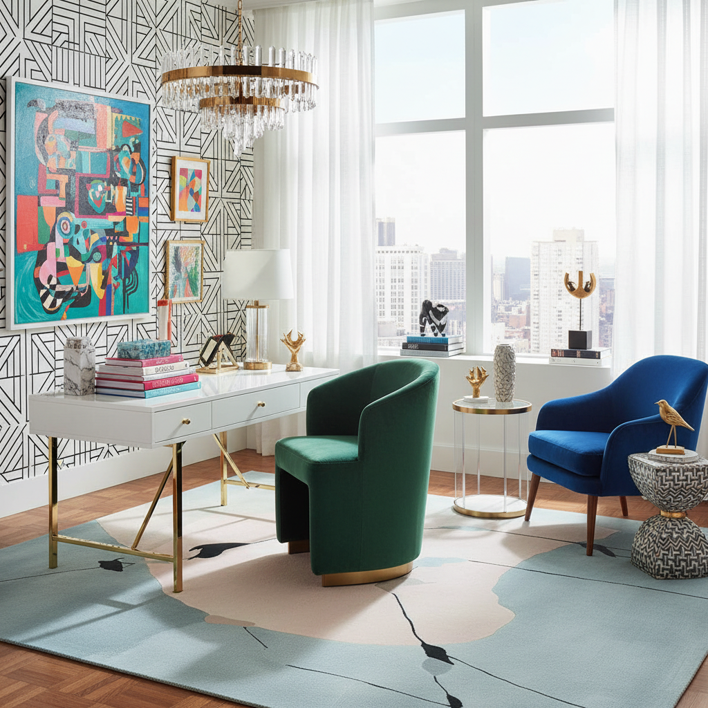 Modern office with green chair, blue armchair, an abstract blue and white wool rug, and geometric wallpaper.
