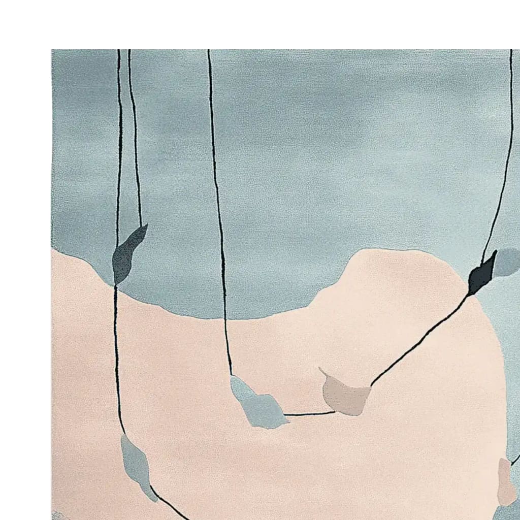 A contemporary wool area rug featuring a serene design with abstract shapes and delicate leaf patterns. Perfect for large living rooms, this hand-tufted piece adds a touch of elegance and tranquility to your living space.