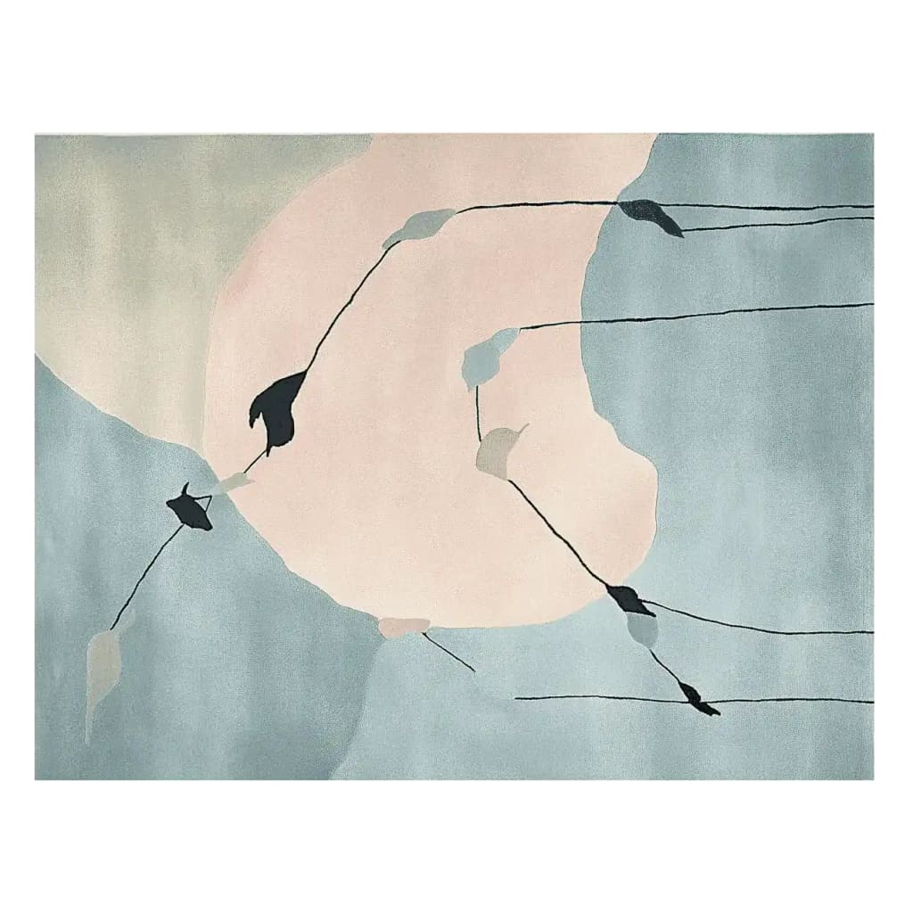 Top view of the Falling Leaf Symphony Hand Tufted Area Rug, showcasing a contemporary design with abstract leaf patterns in soft pastel hues. This large living room rug, made of quality wool, adds an elegant touch to any space, perfect for those seeking a stylish wool rug for their living room area.