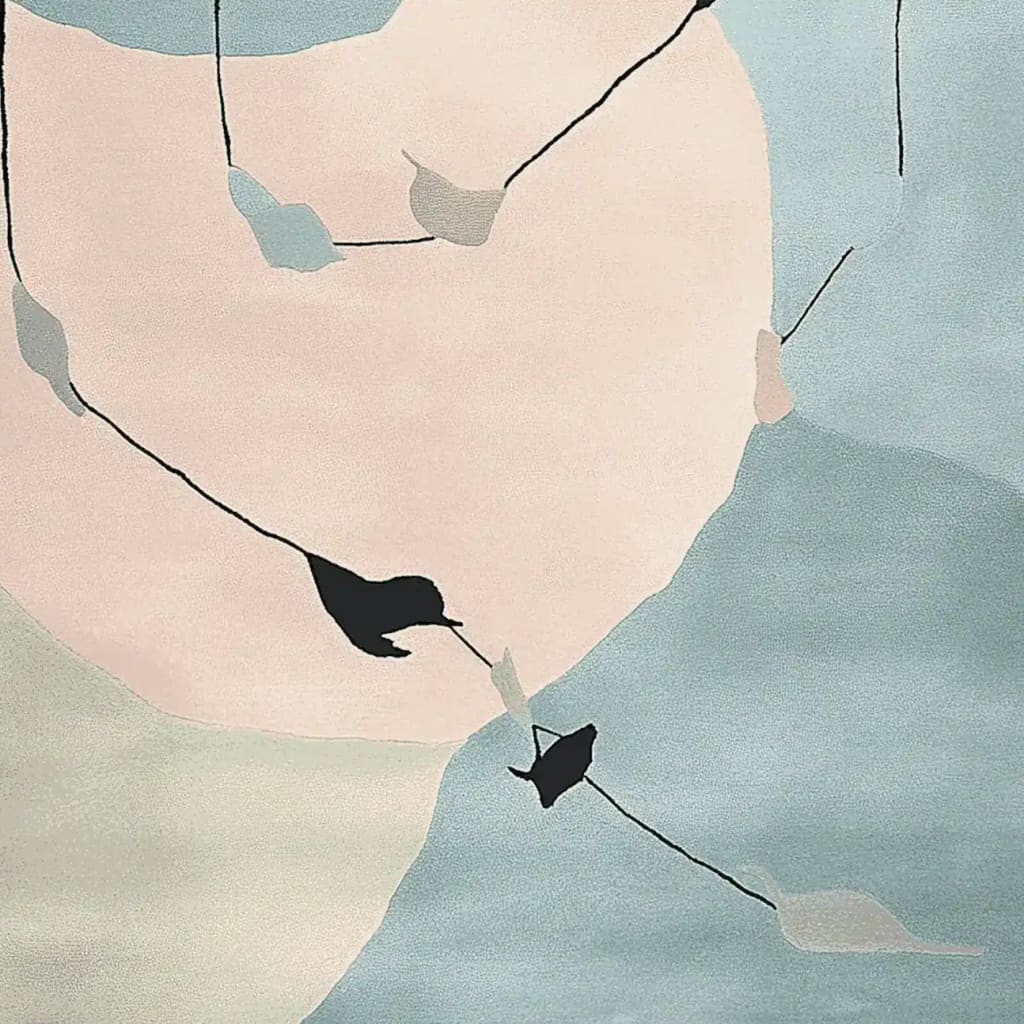 A beautifully designed area rug titled 'Falling Leaf Symphony Hand Tufted Rug', featuring an abstract pattern with pastel shades of blue, pink, and beige. This contemporary rug is perfect as a wool rug for large living room spaces, adding a touch of elegance to any living room area.