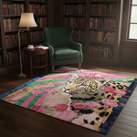 vintage inspired library with animal inspired pink rug