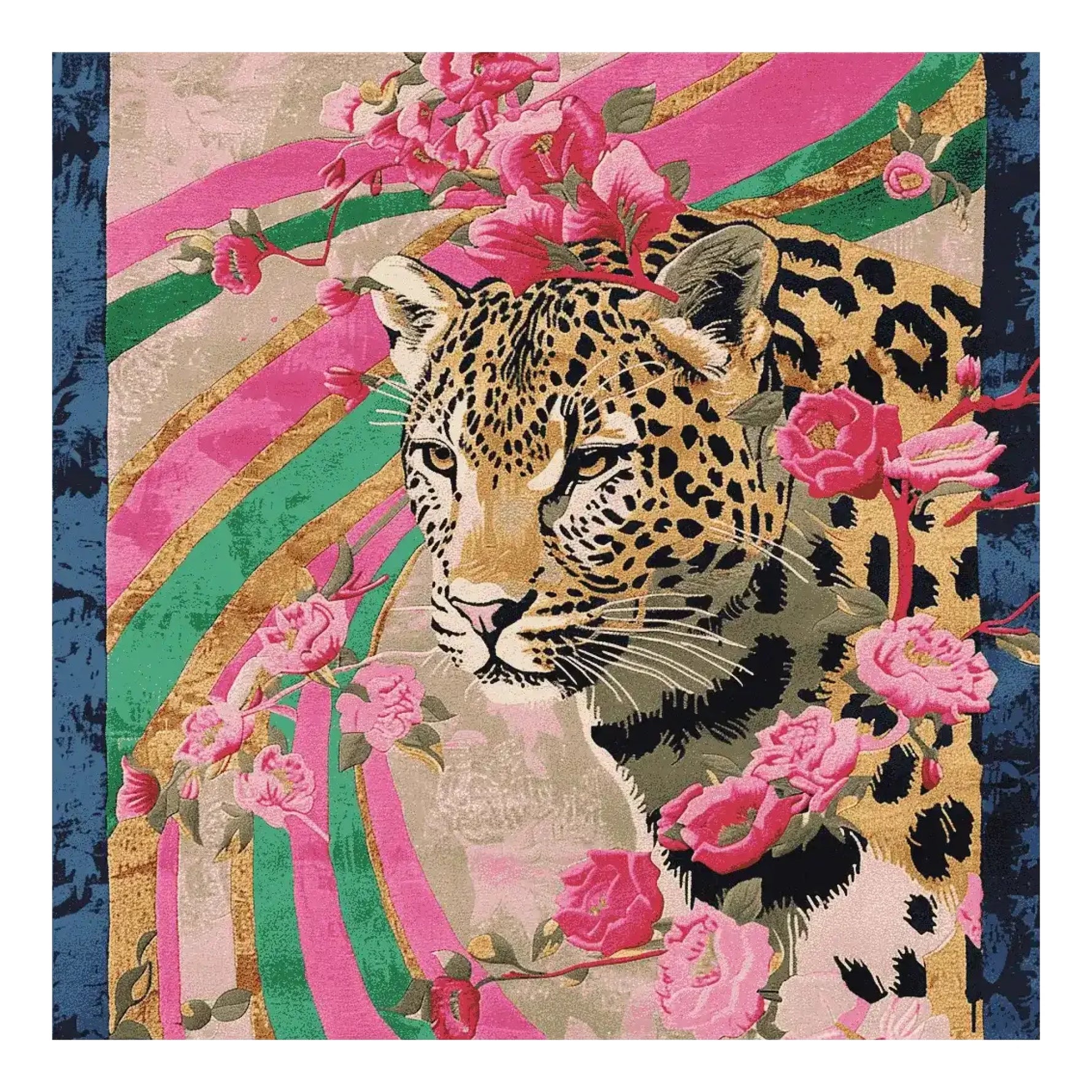 Vibrant 'Fangs in Ferns Hand Tufted Rug' featuring a majestic leopard surrounded by lush pink flowers and multicolored abstract stripes, perfect for adding a bold statement to any living room. This wool square area rug combines floral and animal elements, making it an exquisite choice for those seeking unique rugs for their living space.