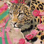 A vibrant hand-tufted wool area rug featuring an abstract design with a majestic tiger surrounded by lush ferns and bright pink floral patterns. This square area rug is perfect for adding a touch of nature-inspired elegance to your living room, combining the luxury of a wool rug with the bold statement of a floral rug.