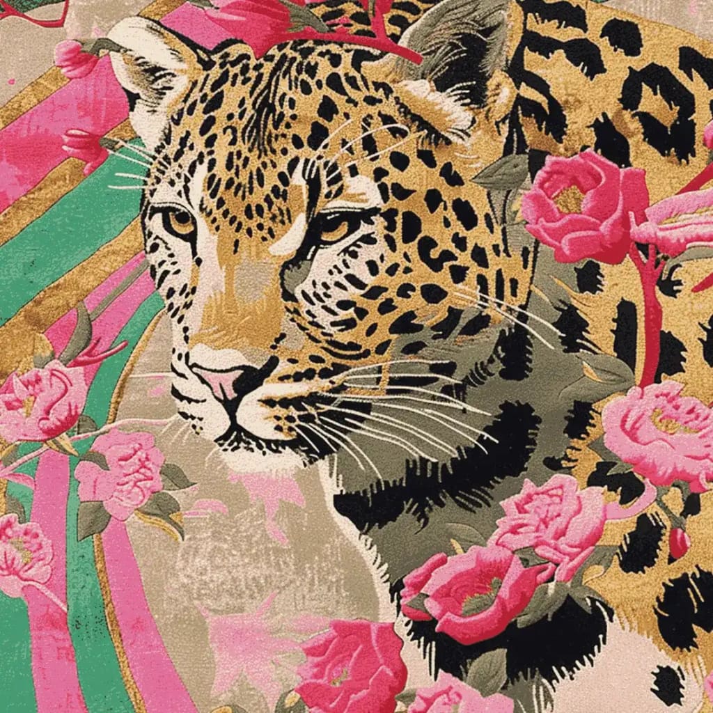 A vibrant hand-tufted wool area rug featuring an abstract design with a majestic tiger surrounded by lush ferns and bright pink floral patterns. This square area rug is perfect for adding a touch of nature-inspired elegance to your living room, combining the luxury of a wool rug with the bold statement of a floral rug.