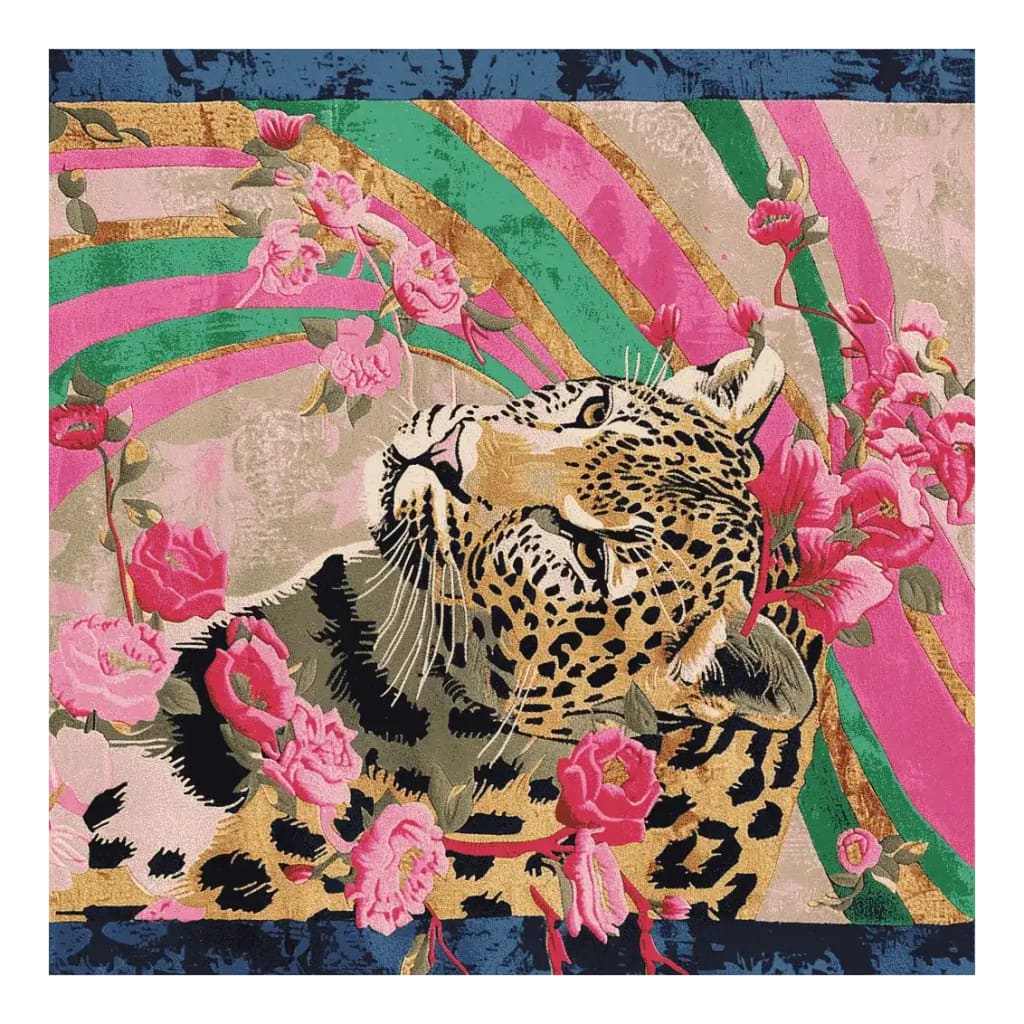 This vibrant hand-tufted area rug features an abstract design with a majestic leopard surrounded by colorful ferns and pink floral accents. The square area rug, crafted from high-quality wool, is perfect for adding a bold statement to living room spaces. Ideal for those seeking unique floral rugs and luxurious wool rugs to enhance their home decor.