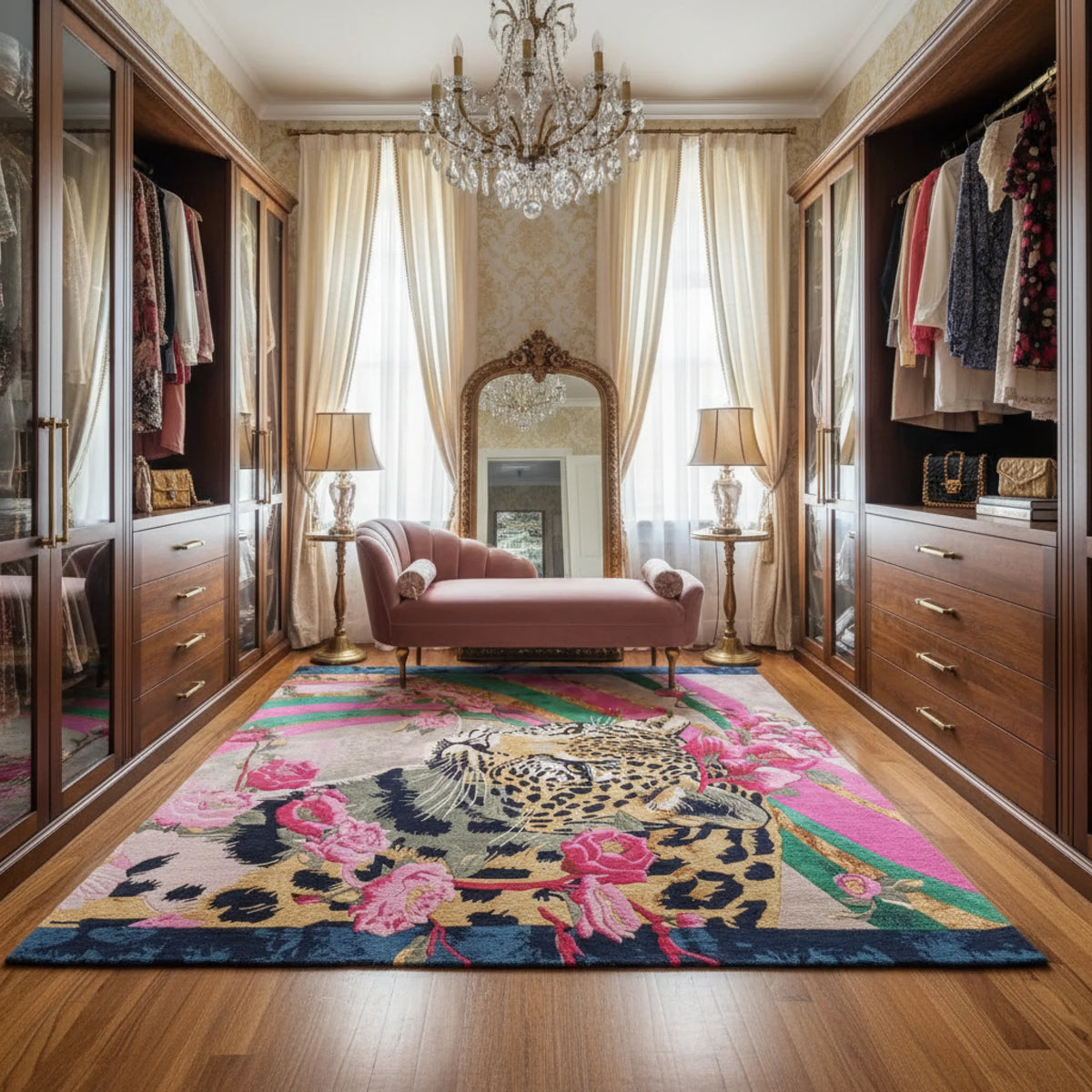 Luxurious closet with wooden wardrobes, a chandelier, and a colorful rug.