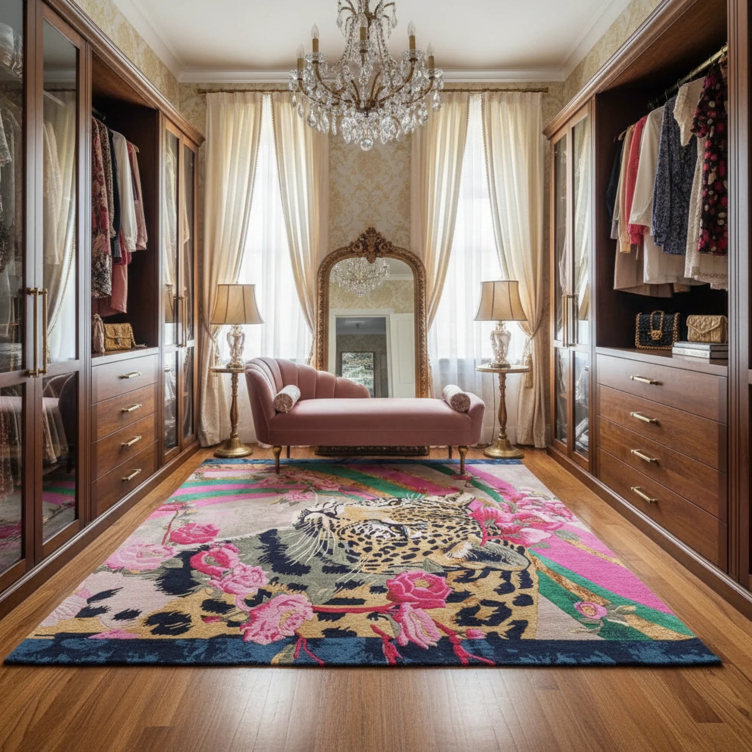 Luxurious closet with wooden wardrobes, a chandelier, and a colorful rug.