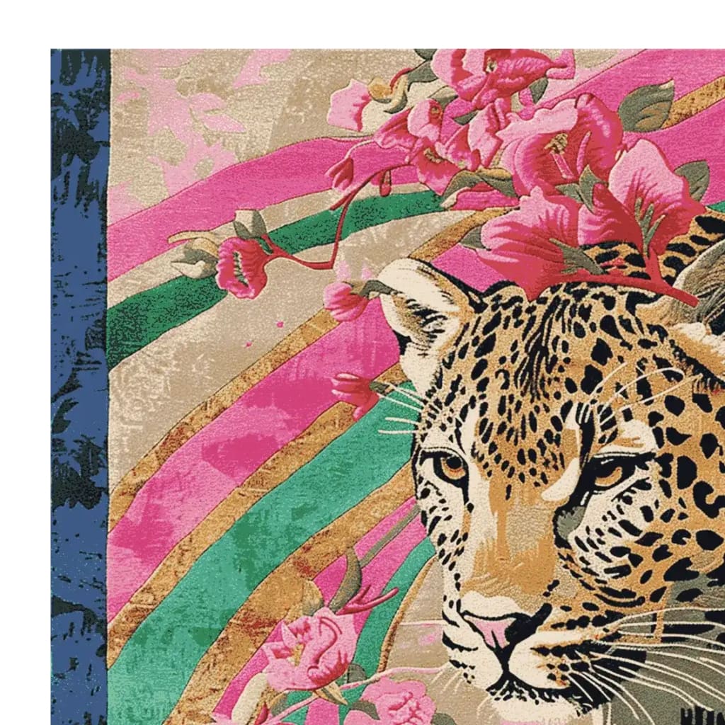 Vibrant hand-tufted area rug featuring a striking leopard design surrounded by lush pink and green floral patterns, perfect for adding a bold touch to your living room. This square wool rug combines artistic flair with luxury, ideal for those seeking unique living room area rugs.