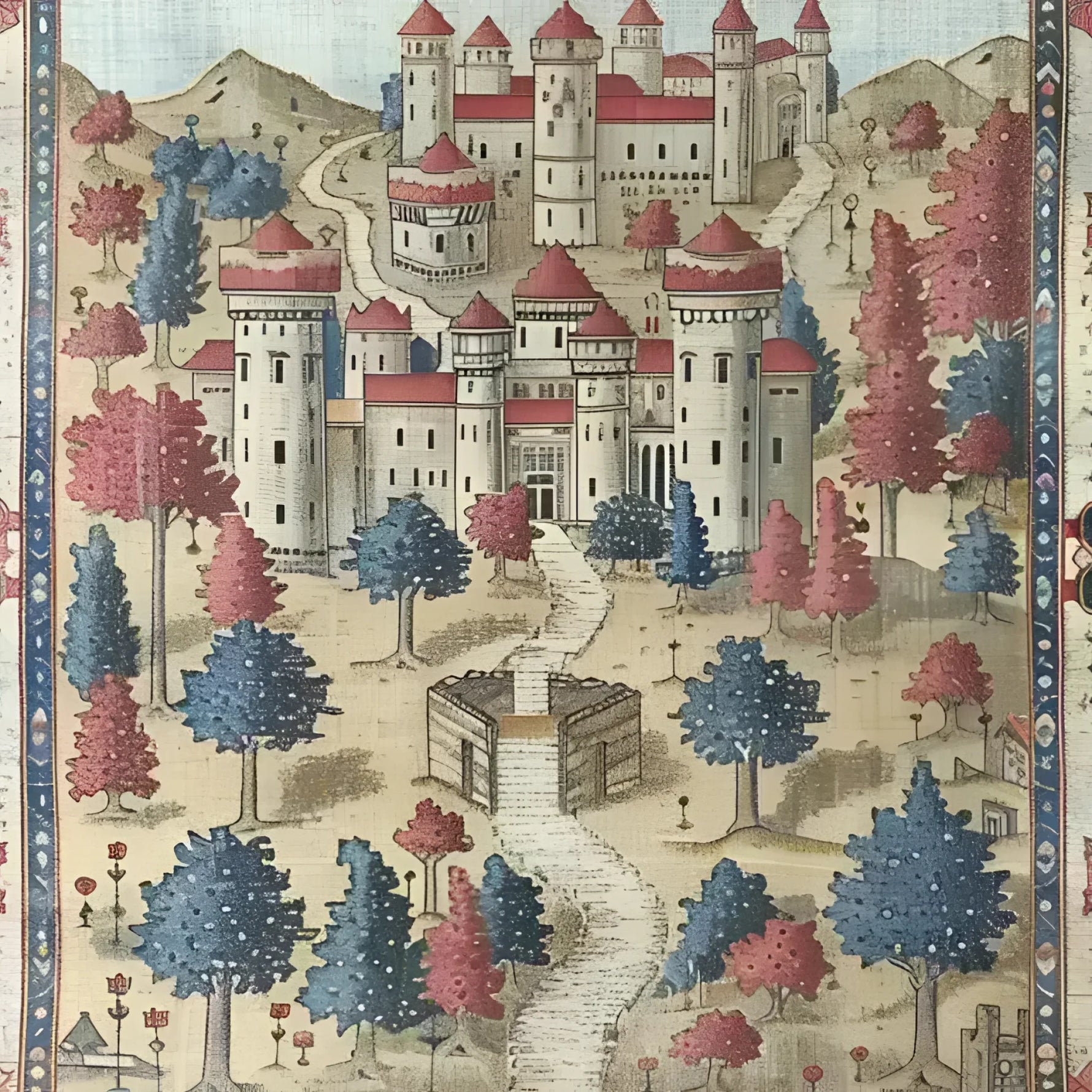 A beautifully detailed Fantasy Castle Hand Knotted Area Rug, showcasing a vintage-inspired design with a whimsical castle scene. The rug features rich colors and intricate patterns, ideal for adding a touch of elegance to living room spaces. Perfect as a Persian-style rug, this exquisite piece enhances your home decor with its charm and sophistication.