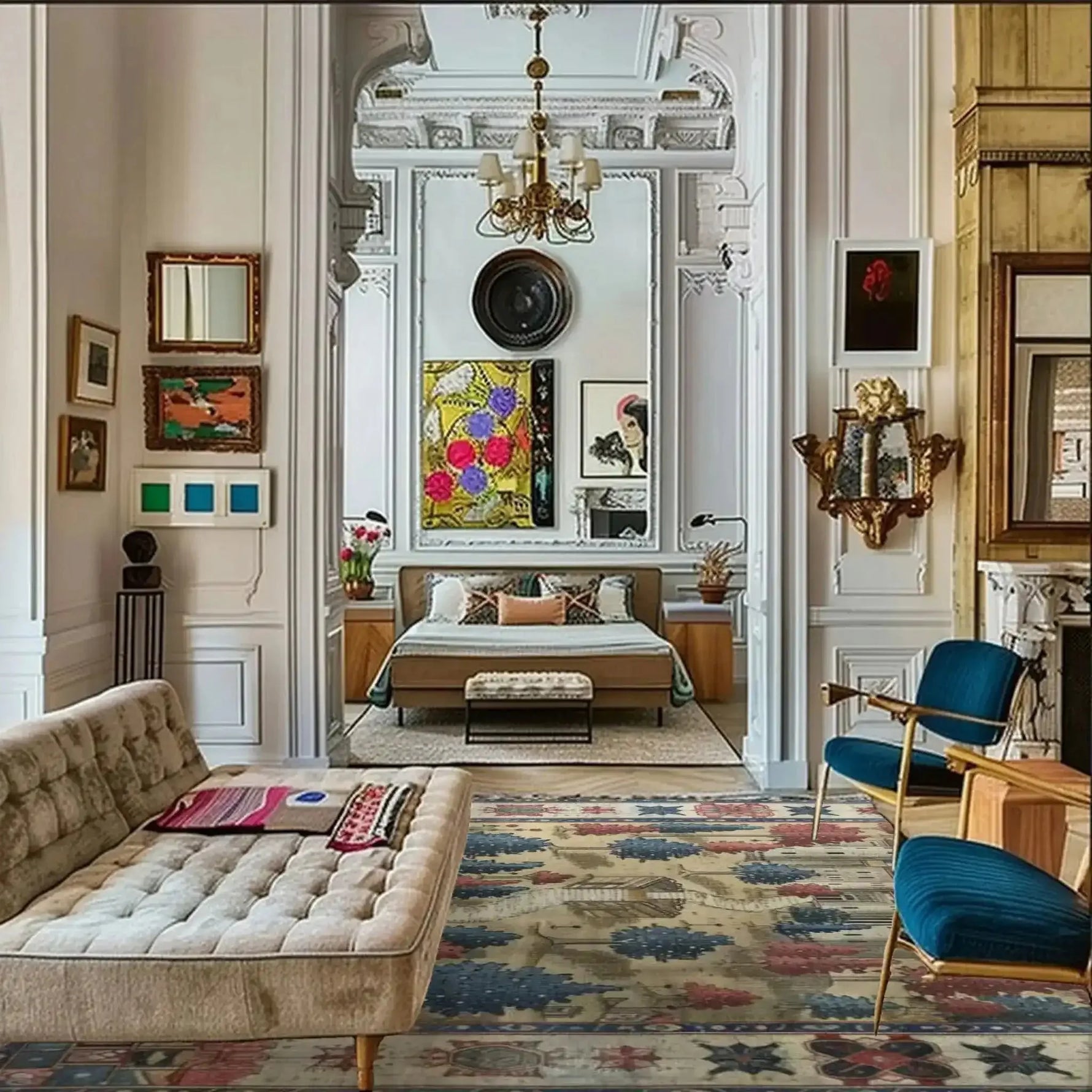 A beautifully designed fantasy castle hand-knotted area rug adorns a luxurious living room. This vintage rug adds a touch of elegance to the space, featuring intricate patterns reminiscent of Persian rugs. Perfect for those seeking unique rugs for their living room, the rug complements the sophisticated decor with its timeless charm.