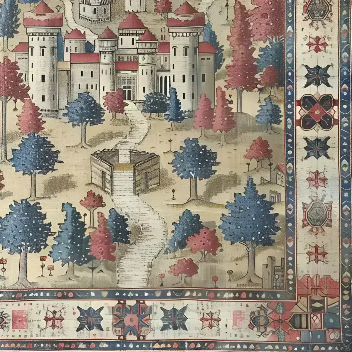 A beautifully detailed Fantasy Castle Hand Knotted Area Rug featuring a vintage design with a grand castle surrounded by colorful trees. This exquisite Persian rug is perfect for adding a touch of elegance to living room spaces, showcasing intricate patterns and vibrant colors that make it a standout piece among living room area rugs.