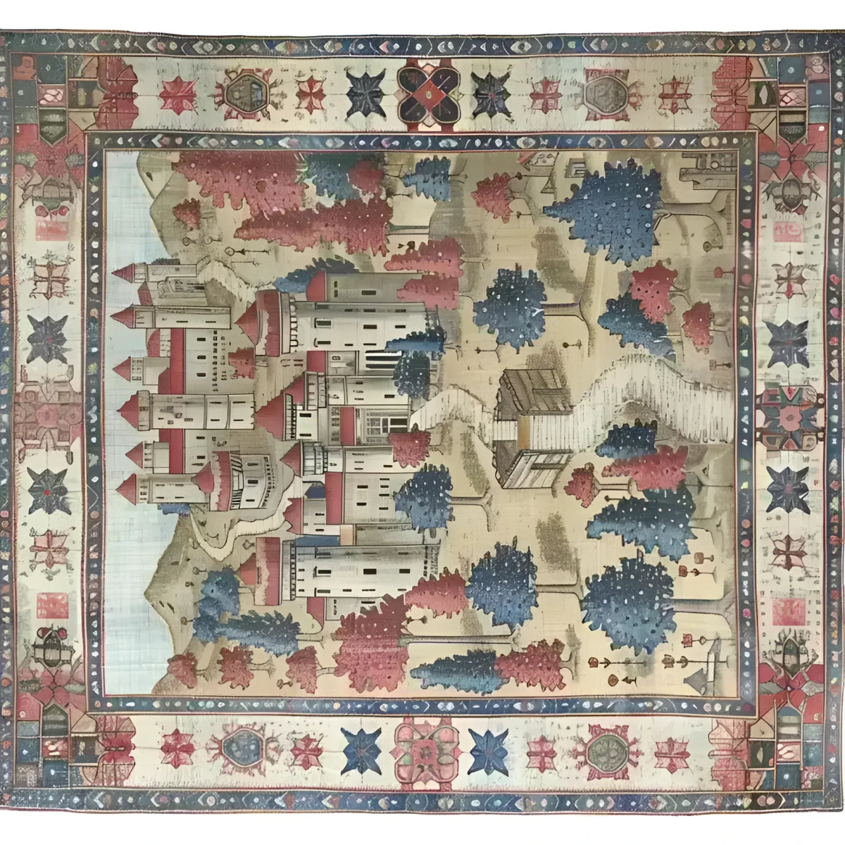 A beautifully detailed Fantasy Castle Hand Knotted Area Rug featuring a vintage design. This exquisite rug showcases a picturesque medieval castle surrounded by vibrant trees in shades of red, blue, and beige, making it a perfect choice for rugs for living room or as a statement piece among Persian rugs. The intricate border adds a classic touch, ideal for enhancing any living room area rugs collection.