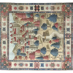 A beautifully detailed Fantasy Castle Hand Knotted Area Rug featuring a vintage design. This exquisite rug showcases a picturesque medieval castle surrounded by vibrant trees in shades of red, blue, and beige, making it a perfect choice for rugs for living room or as a statement piece among Persian rugs. The intricate border adds a classic touch, ideal for enhancing any living room area rugs collection.
