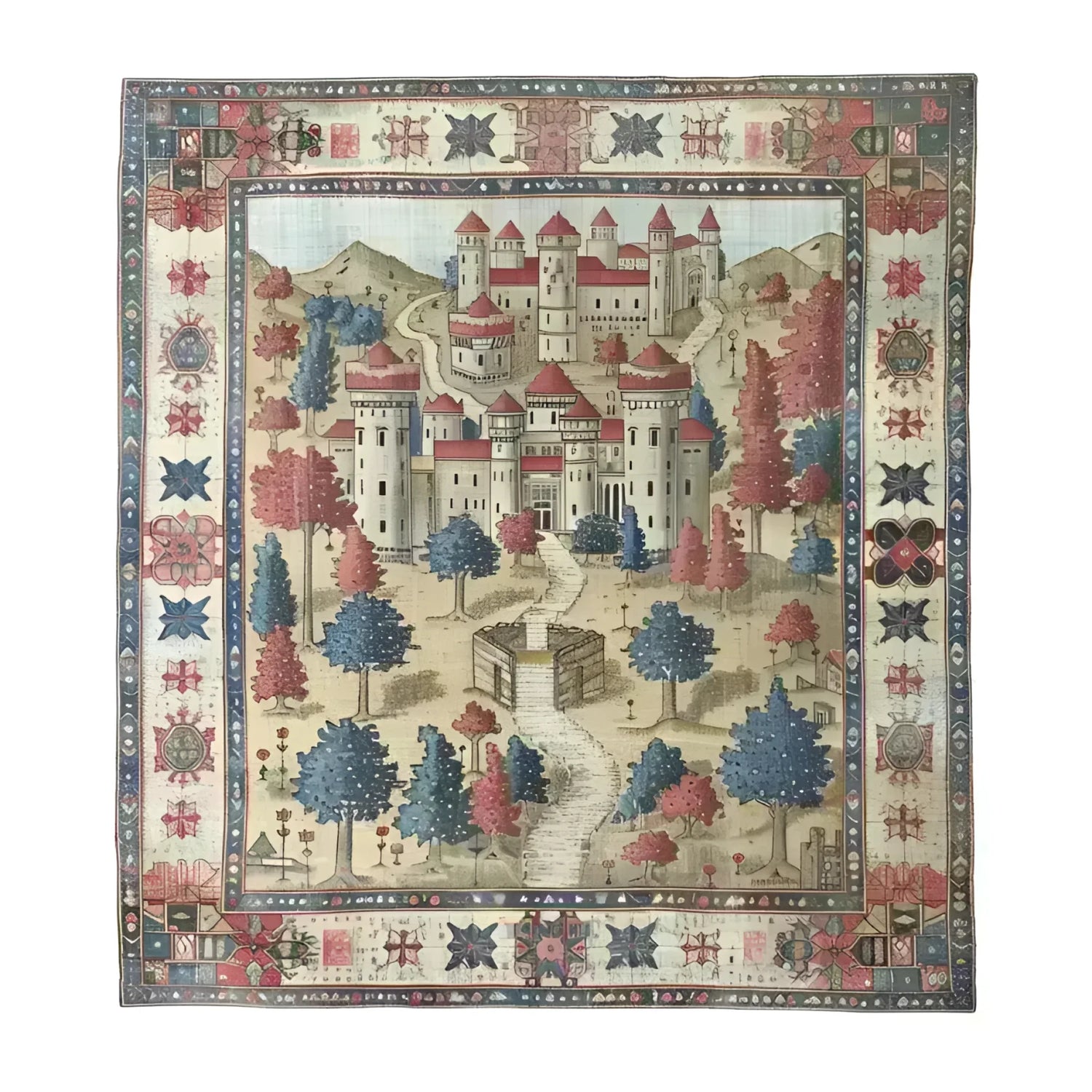 A beautifully detailed hand-knotted area rug featuring a vibrant fantasy castle scene. The rug displays a whimsical castle surrounded by colorful trees and intricate border patterns, creating a captivating centerpiece for any room.