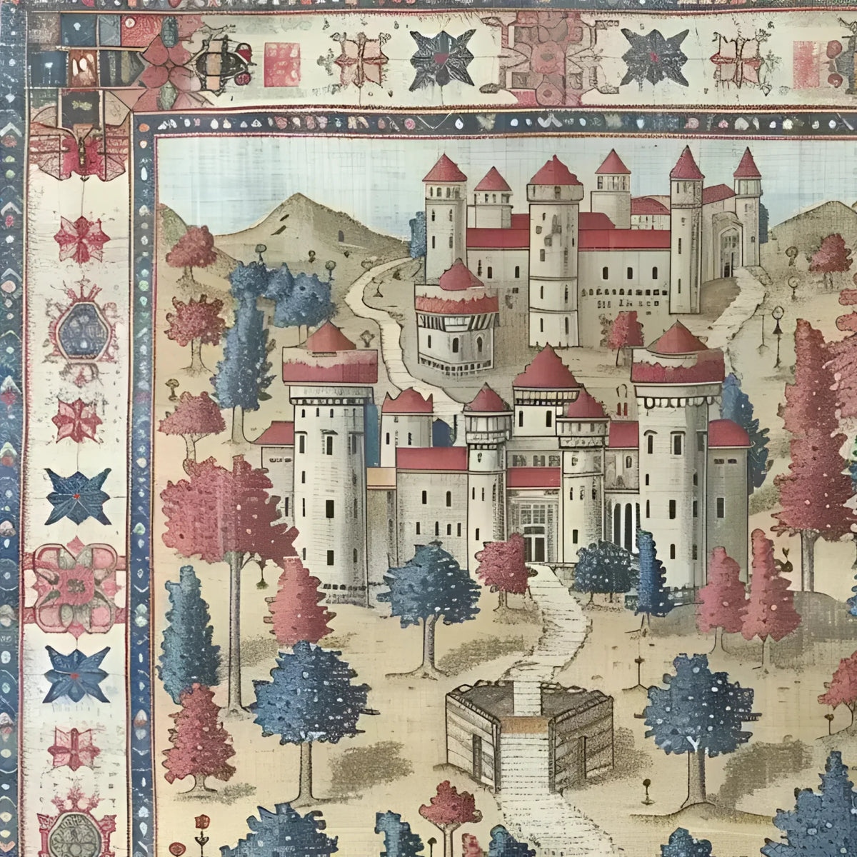 This intricate area rug showcases a vintage design with a detailed illustration of a fantasy castle set amidst a landscape of trees and hills. The rug's rich colors and intricate patterns make it a perfect addition to any living room, offering a touch of elegance reminiscent of Persian rugs. Ideal for those seeking unique and stylish living room area rugs.