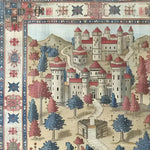 This intricate area rug showcases a vintage design with a detailed illustration of a fantasy castle set amidst a landscape of trees and hills. The rug's rich colors and intricate patterns make it a perfect addition to any living room, offering a touch of elegance reminiscent of Persian rugs. Ideal for those seeking unique and stylish living room area rugs.