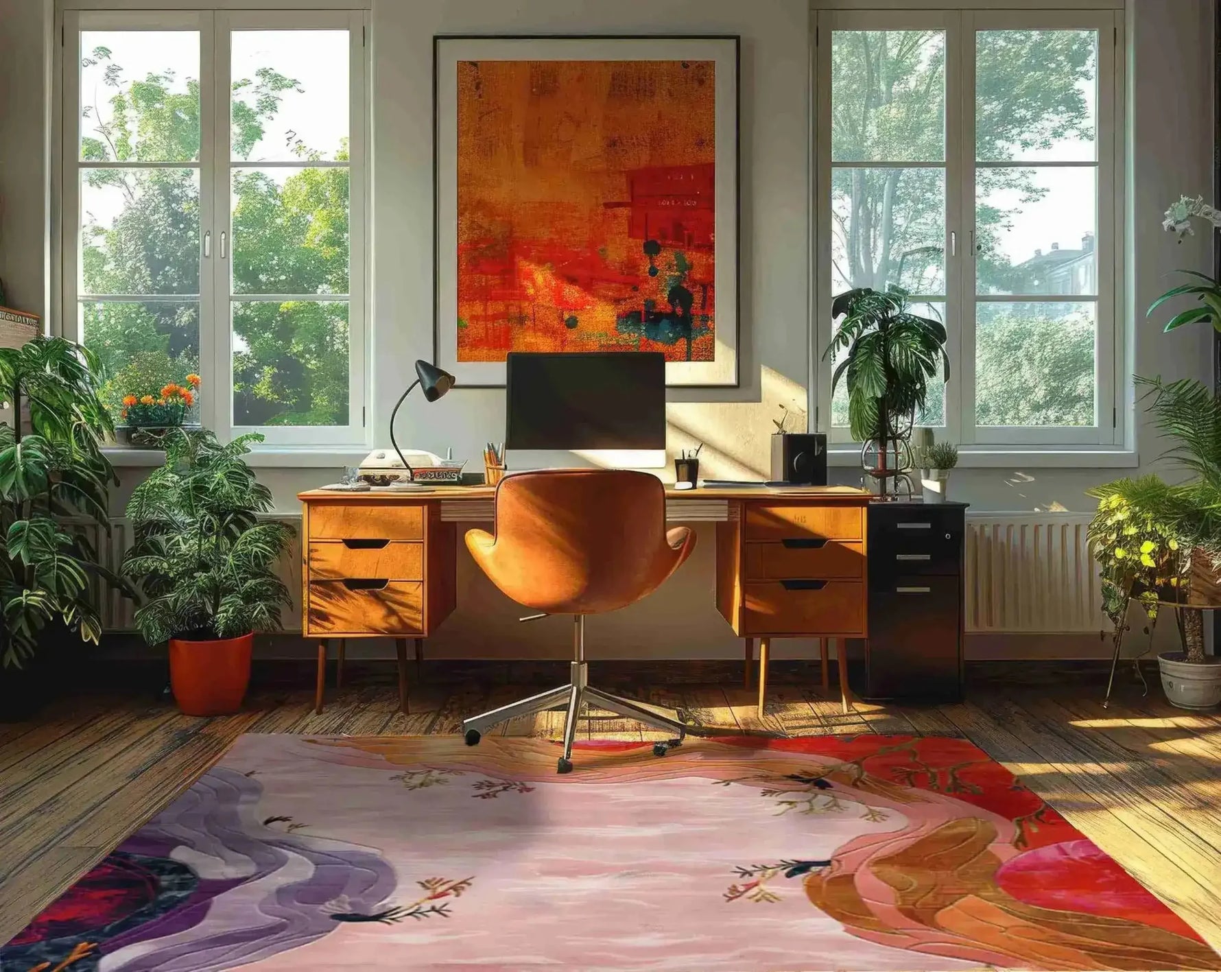 A vibrant Fantasy Garden Tapestry Hand Tufted Area Rug adorns a stylish home office space. The colorful wool rug enhances the warmth of the wooden flooring, perfectly complementing the modern desk and mid-century chair. Ideal for both living room and dining room settings, this living room area rug adds a touch of artistic flair and comfort.