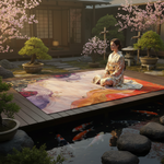 Woman in a kimono sitting on a mat by a pond with koi fish and cherry blossom trees in the background.