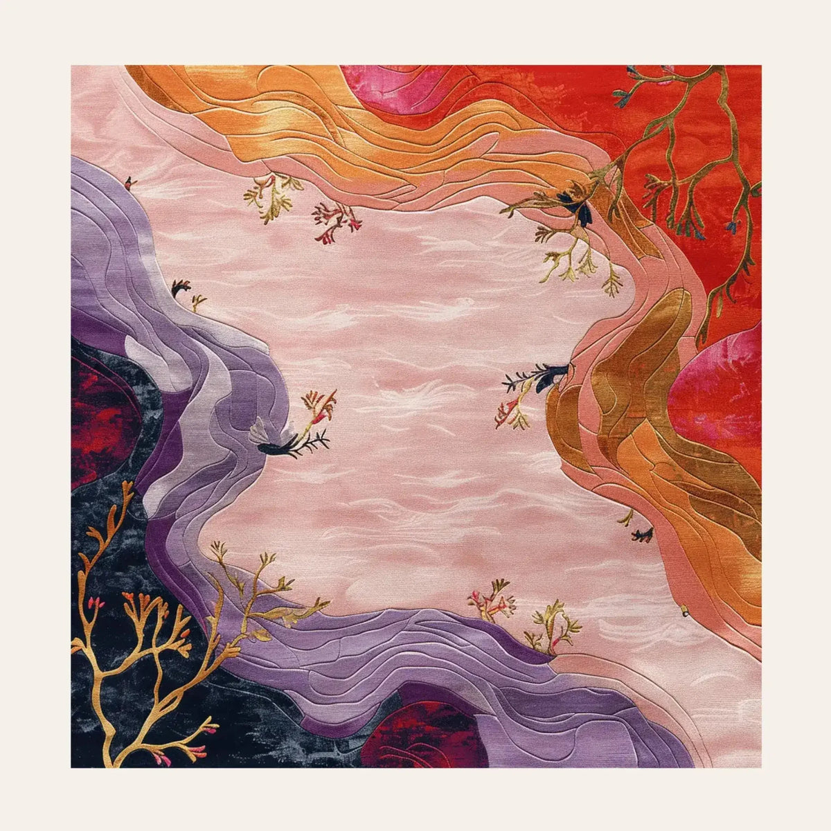 Vibrant Fantasy Garden Tapestry Hand Tufted Area Rug showcasing a colorful abstract design with flowing waves of purple, orange, and red. Ideal for enhancing living room and dining room spaces, this wool rug adds an artistic touch to any interior.