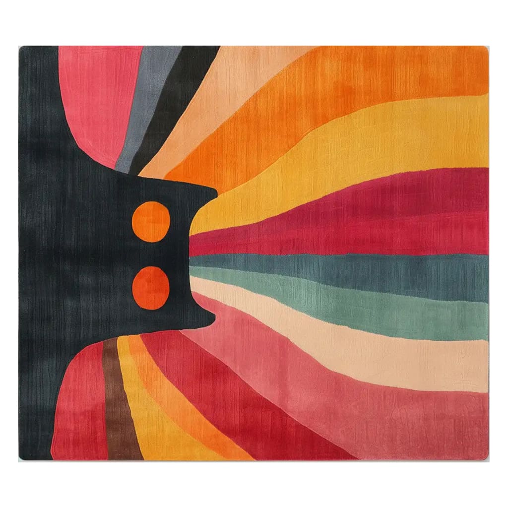 Vibrant area rug featuring an abstract design with a black feline silhouette and colorful, radiating stripes in shades of orange, red, yellow, and teal, creating a dynamic and bold look.