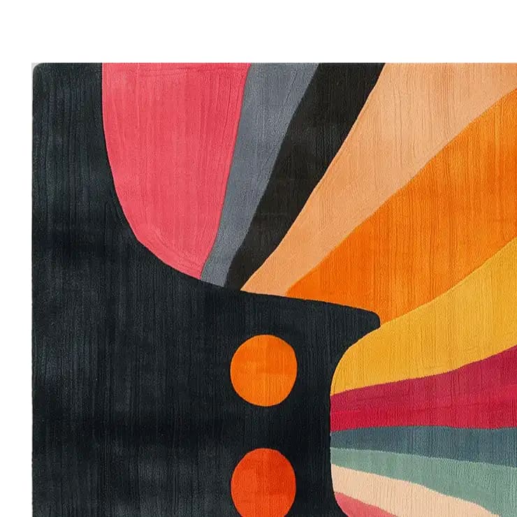 Colorful abstract area rug with a striking design featuring vibrant shades of orange, pink, and black, adding a bold artistic touch to any room.