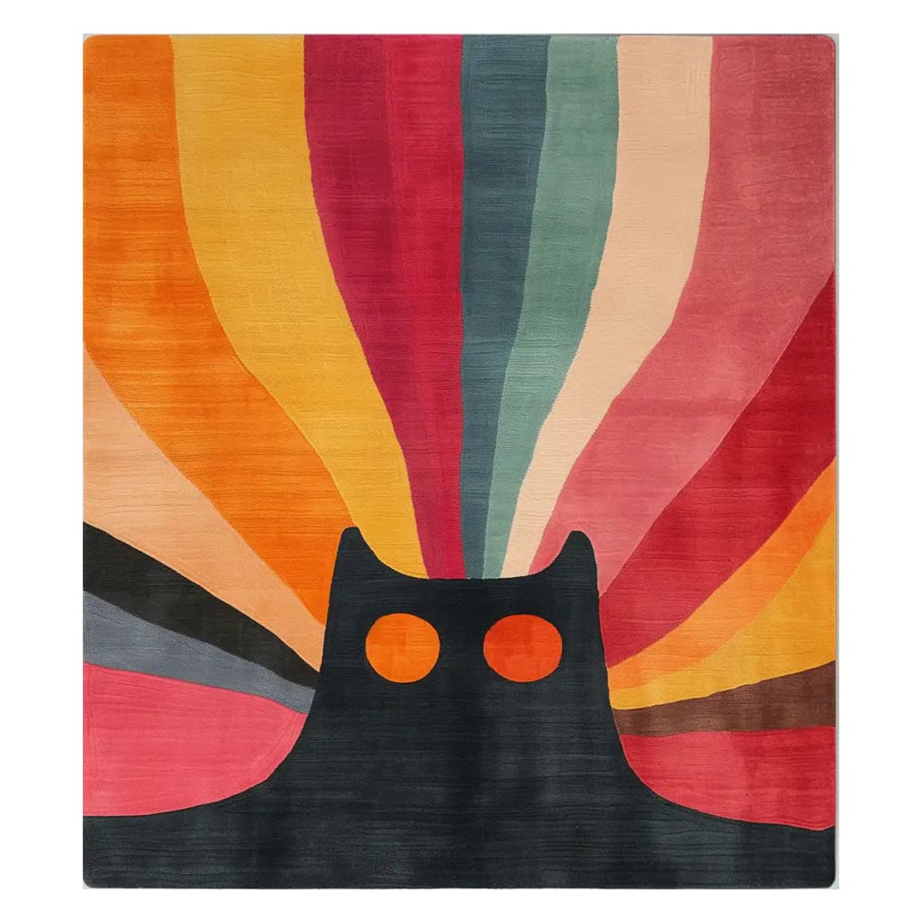 Vibrant and whimsical area rug featuring a bold abstract design with a black cat silhouette and colorful, radiating stripes in shades of orange, red, and blue, perfect for adding a playful touch to any room.