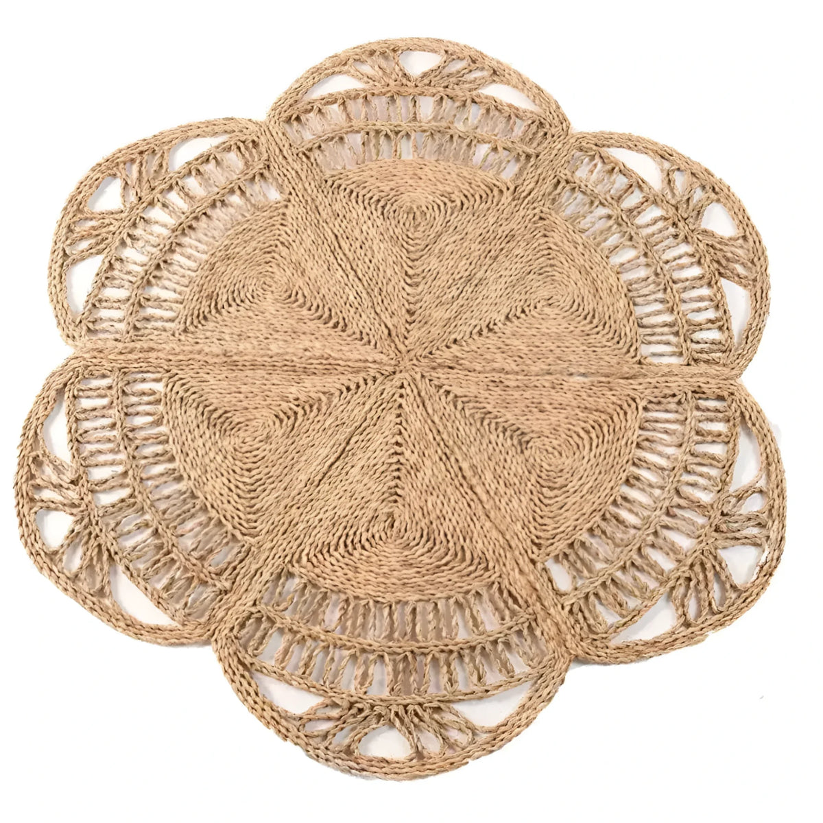 Beautifully crafted Farmhouse Braided Jute Rug showcasing an intricate round design. This area rug, perfect for bedrooms and living rooms, features a natural jute texture ideal for adding a rustic touch to any space. Suitable as an 8x10 living room rug or a charming bedroom rug.