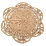 Beautifully crafted Farmhouse Braided Jute Rug showcasing an intricate round design. This area rug, perfect for bedrooms and living rooms, features a natural jute texture ideal for adding a rustic touch to any space. Suitable as an 8x10 living room rug or a charming bedroom rug.