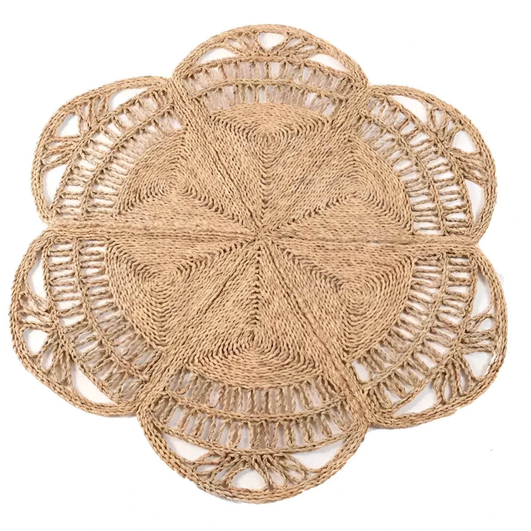 Beautifully crafted Farmhouse Braided Jute Rug showcasing an intricate round design. This area rug, perfect for bedrooms and living rooms, features a natural jute texture ideal for adding a rustic touch to any space. Suitable as an 8x10 living room rug or a charming bedroom rug.