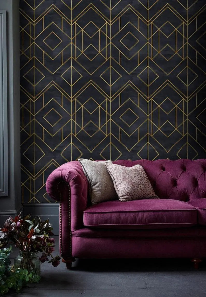 Faux Gold and Black Art Deco Geometric Square Wallpaper