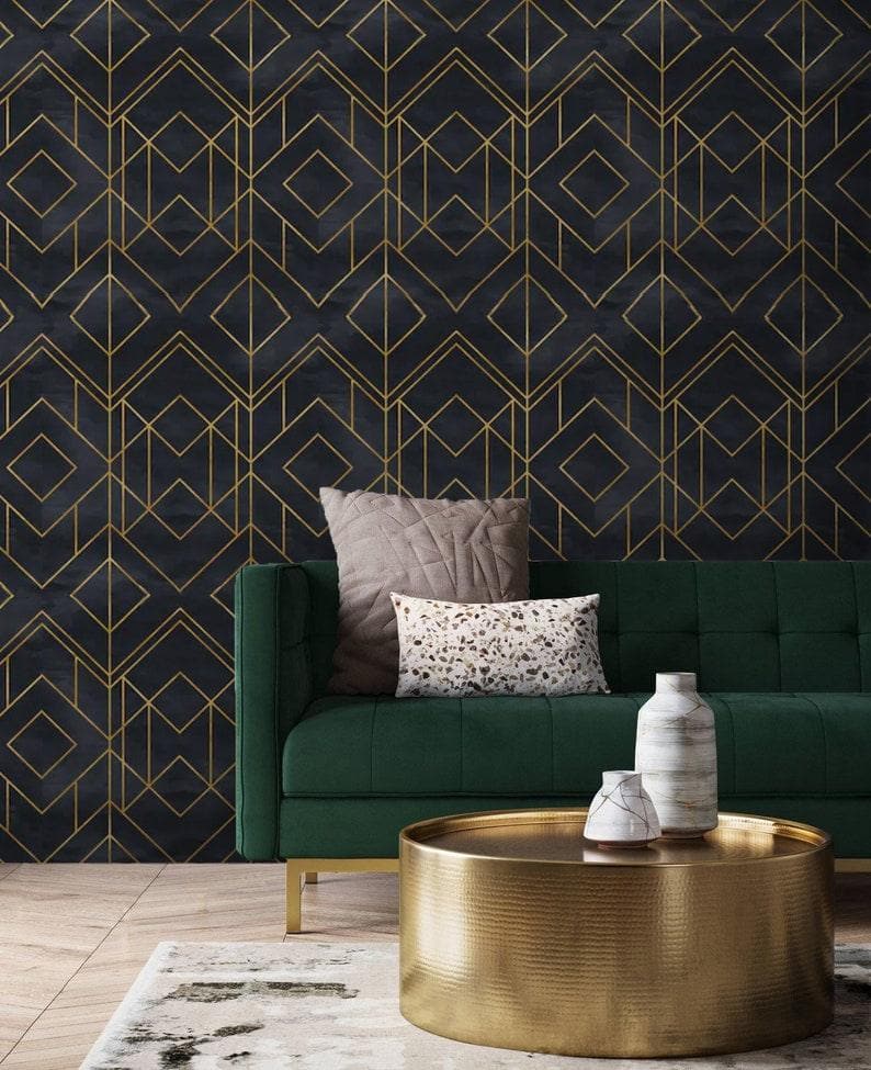 Faux Gold and Black Art Deco Geometric Square Wallpaper 