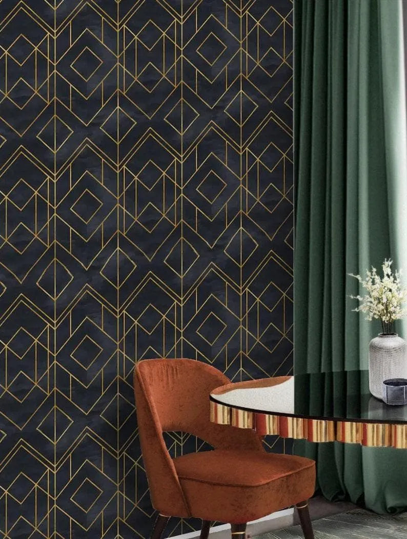 Faux Gold and Black Art Deco Geometric Square Wallpaper