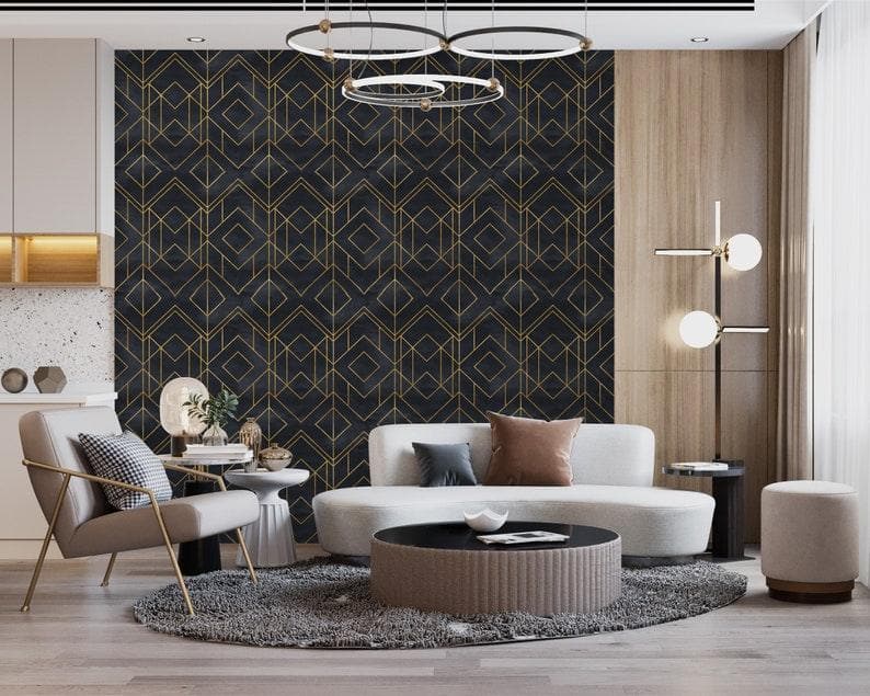 Faux Gold and Black Art Deco Geometric Square Wallpaper