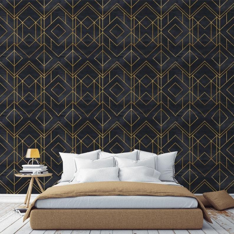 Abstract Pink Purple Blue Faux Gold Wallpaper Mural Faux Gold and Black Art Deco Geometric Square Wallpaper 