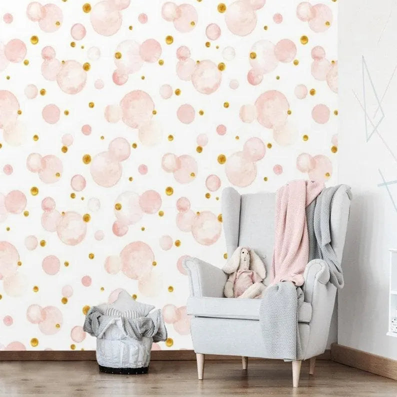 Faux Gold and Pink Bubble Watercolor Wallpaper