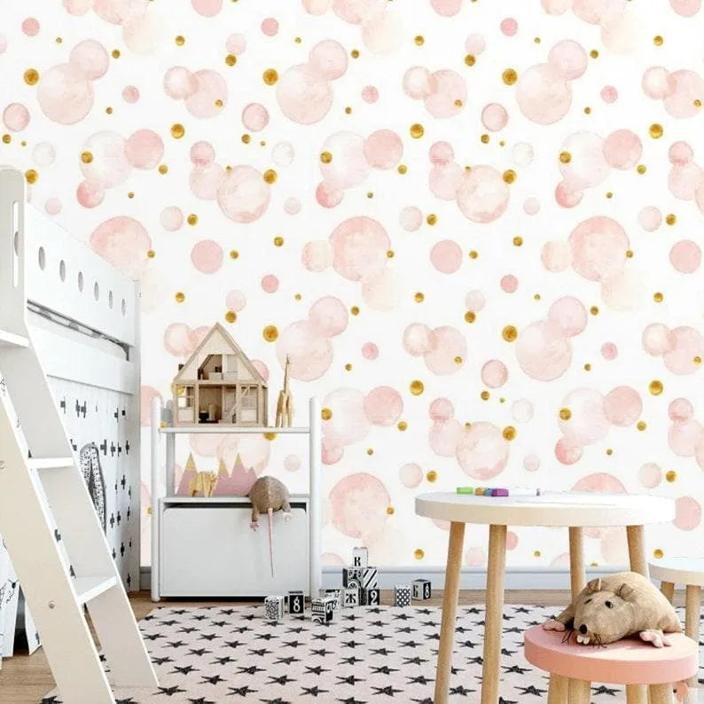 Faux Gold and Pink Bubble Watercolor Wallpaper