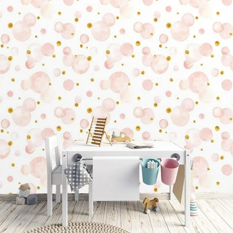 Faux Gold and Pink Bubble Watercolor Wallpaper