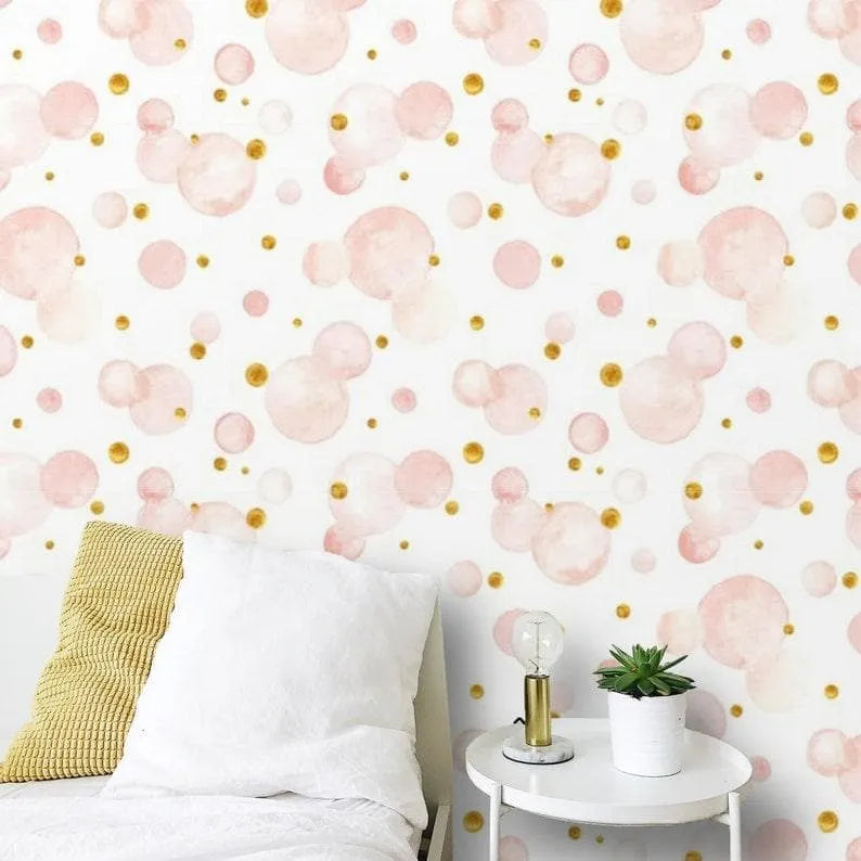 Faux Gold and Pink Bubble Watercolor Wallpaper