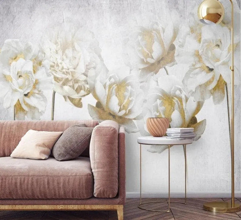 Faux Gold White Peonies Floral Wallpaper Mural