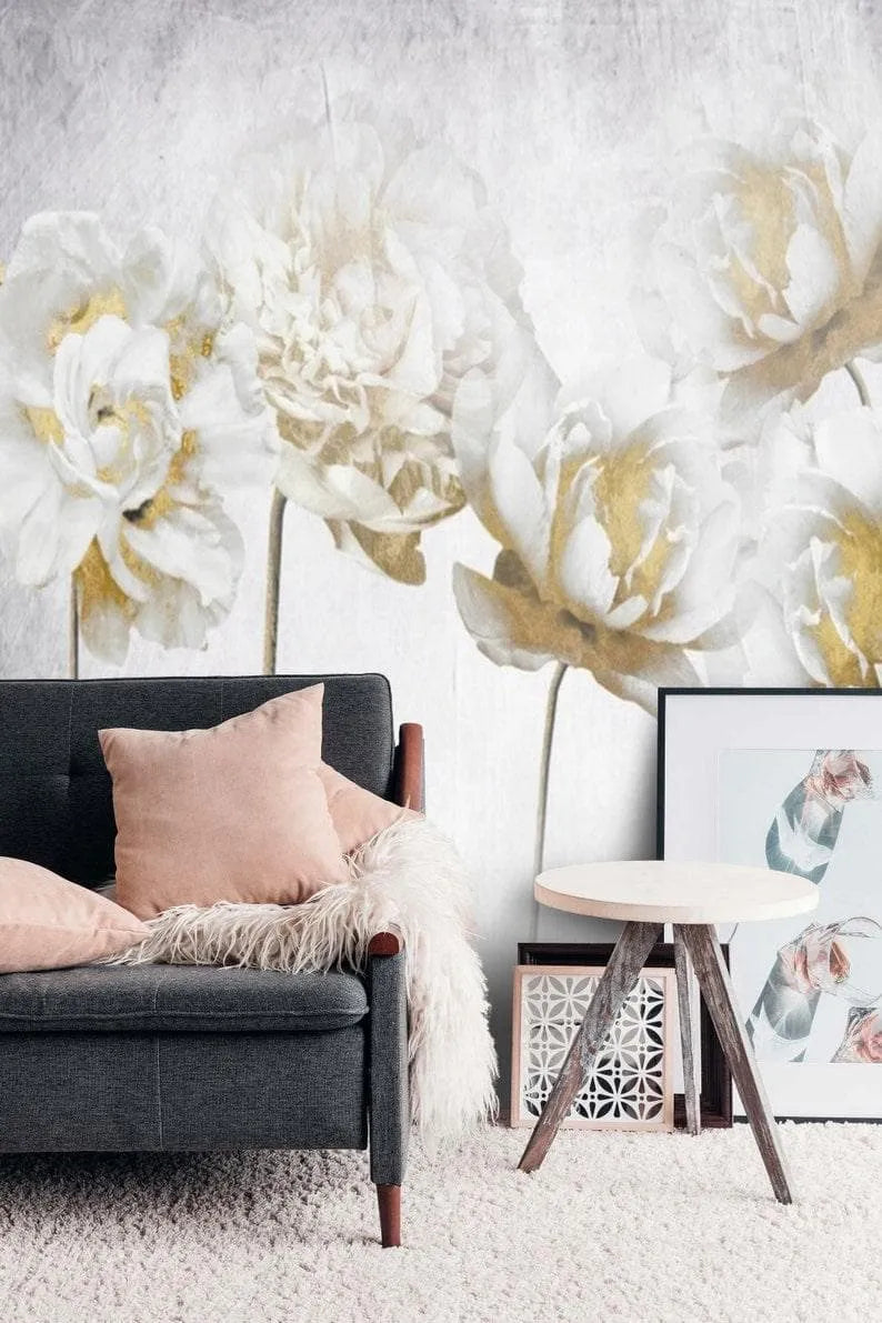 Faux Gold White Peonies Floral Wallpaper Mural