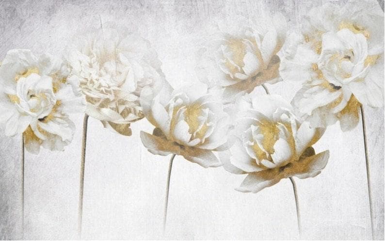 Faux Gold White Peonies Floral Wallpaper Mural