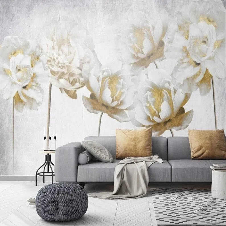 Faux Gold White Peonies Floral Wallpaper Mural