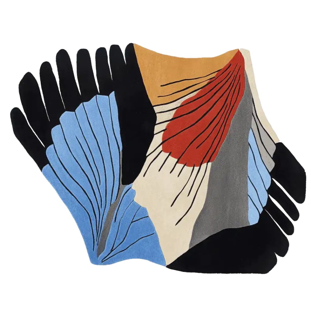 The Feather Rock Mirage Hand Tufted Area Rug showcases a stunning abstract design with bold colors and dynamic shapes, perfect for adding a touch of modern elegance to any living room. This contemporary wool rug combines shades of blue, black, red, and beige, making it an eye-catching centerpiece for living room area rugs.