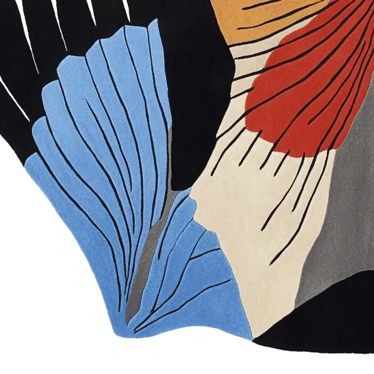 Close-up view of the Feather Rock Mirage Hand Tufted Area Rug, showcasing its vibrant abstract design with bold colors including blue, red, black, and beige. This contemporary wool rug is perfect for adding a splash of color to living room area rugs.