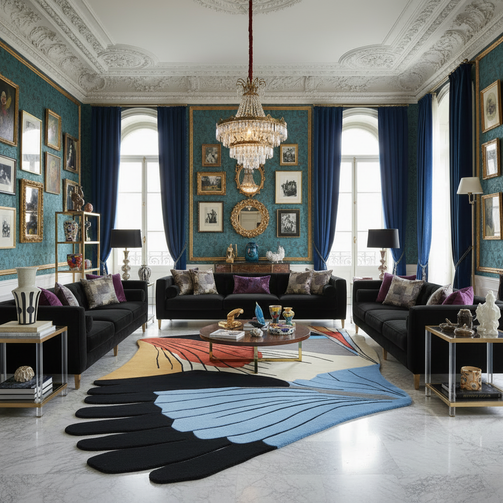 Luxurious living room with dark sofas, a colorful rug, and decorative elements.