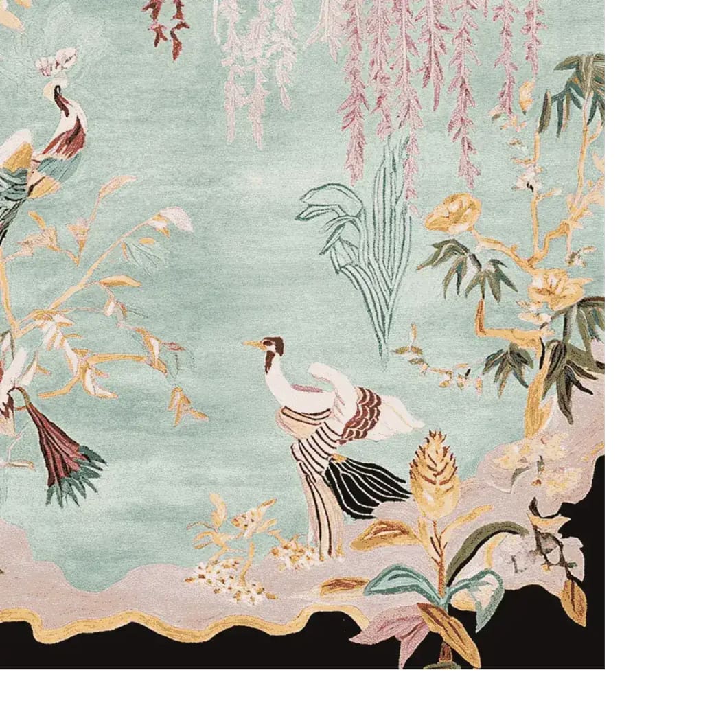 Elegant Feathered Dreams Hand Tufted Area Rug featuring an intricate design of birds and foliage, perfect for large living room spaces. This wool rug showcases a serene blend of pastel shades, adding a touch of nature and sophistication to any living room area.