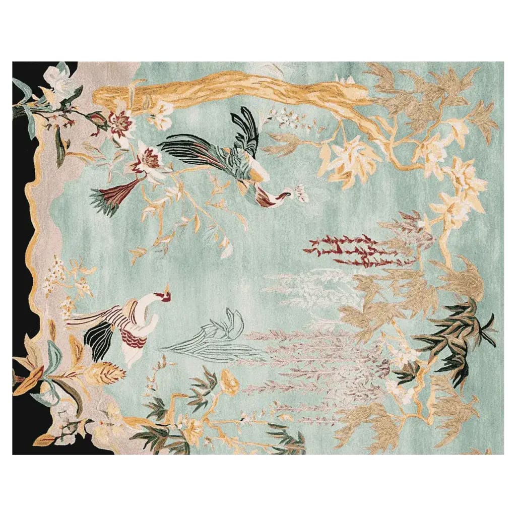 A beautifully designed area rug featuring an intricate pattern of birds and floral motifs on a soft, pastel background. This wool rug is perfect for large living room spaces, adding a touch of elegance and warmth. Ideal for those seeking unique living room area rugs.