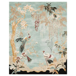 Elegant Feathered Dreams Hand Tufted Area Rug featuring a lush, nature-inspired abstract design with vibrant birds and foliage on a soothing blue background. This wool rug is perfect for large living rooms, adding a touch of artistic flair to any space. Ideal for those seeking unique living room area rugs.